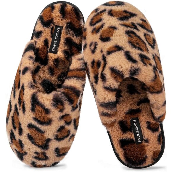 ⚡Women's Cheetah Brown Fuzzy Scuff Slippers Soft Comfy Memory Foam Non Slip - Picture 1 of 6
